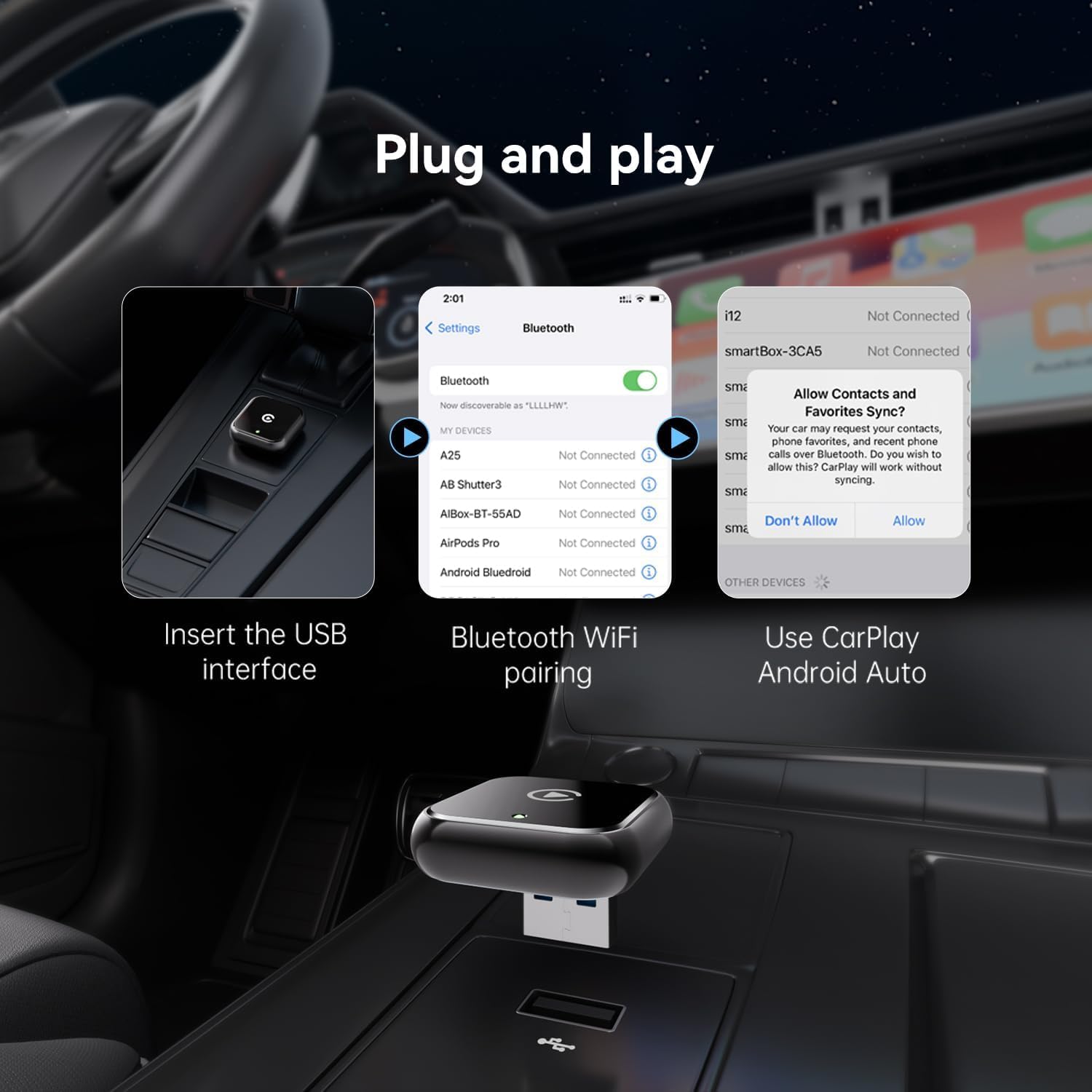 CarPlay sans Fil 2 en 1 pour Apple CarPlay/Android Auto,Mini Adaptateur sans Fil pour iPhone/Android et Plus de 927+ Voitures,Bluetooth 5.3 et WiFi 6,sans décalage,Plug and Play,Connexion Automatique