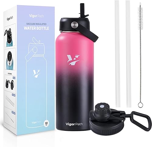 Botella de agua aislada al vacío, botella de agua de acero inoxidable con tapa con popote y tapa flexible (mantiene el frío durante 24 horas, el