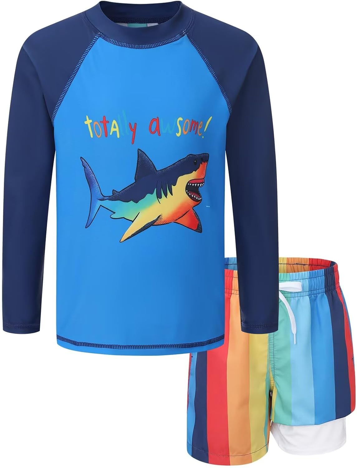Boys Swim Set Rash Guard Swimsuits Set for Kids Long Sleeve Shirt with Liner Swim Trunks Bathing Suits Swimwear