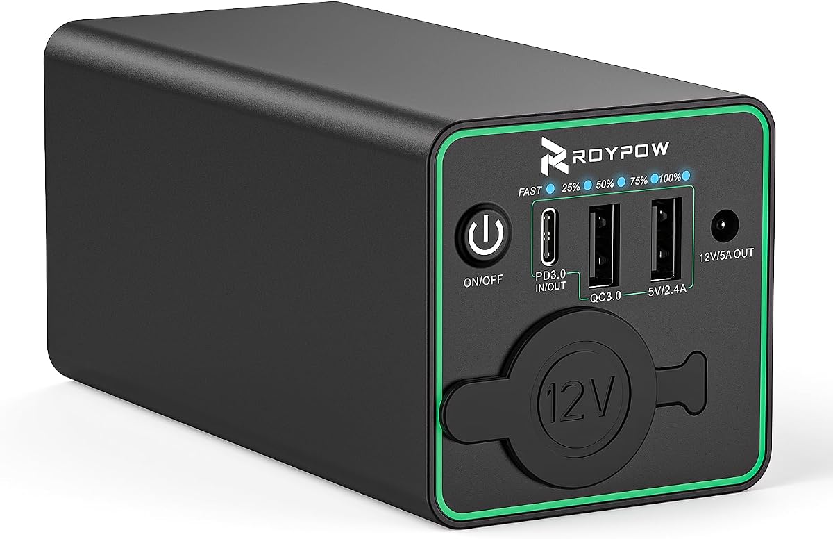 RoyPow 30W PD Portable Charger with 12V 10A Constant Voltage Cigarette Lighter Socket, 86.58Wh USB C Laptop Power Bank, 18W QC & 12V DC Battery Pack, Perfect for Dash Cam or Camping(Upgraded Version)