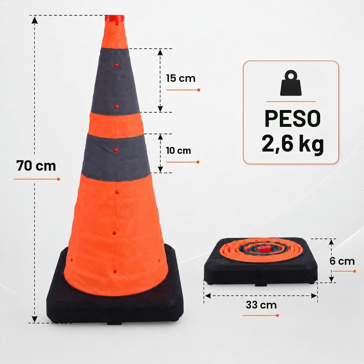[Confezione da 4] ZincOrange Coni Stradali Retrattili 28''/70 cm, Base Pesante, Coni da Parcheggio con Collare Riflettente per Parcheggi, Vialetti, Allenamento Sportivo e Guida