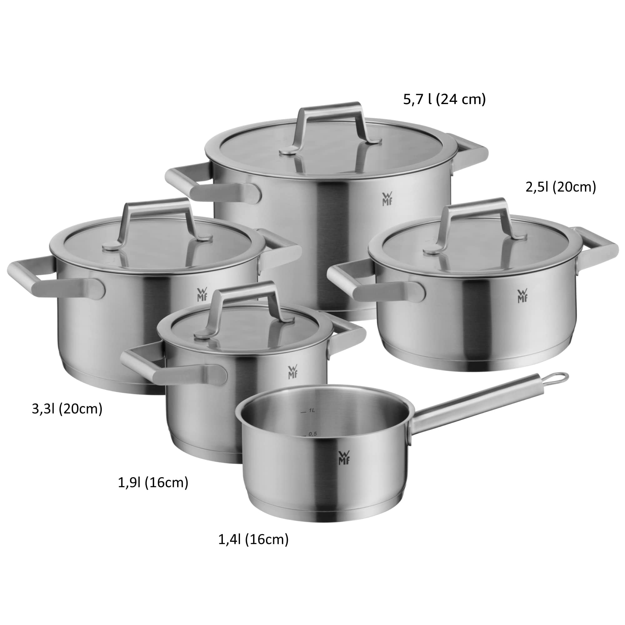 WMF Comfort Line - Set di pentole a induzione, 5 pezzi, con coperchio in vetro, in acciaio inox Cromargan satinato, scalatura, set di pentole impilabili, non rivestite