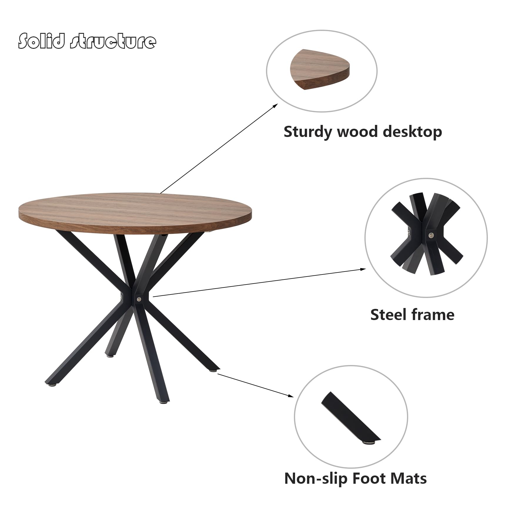 GrandCA HOME Mesa de Comedor Redonda con Tapa Moderna con Rfecto MDF, Mesa de Comedor de Cocina con Cuatro Patas de Metal, para Comedor, Sala de Estar, Marrón Oscuro