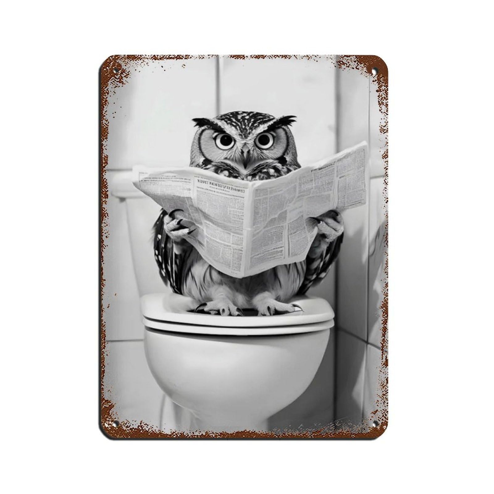 Owl Sitting on The Toilet Reading A Newspaper (2) Retro Poster Metal Tin Sign Chic Art Retro Iron Painting Bar People Cave Cafe Family Garage Poster Wall Decoration 12x16inch(30x40cm)