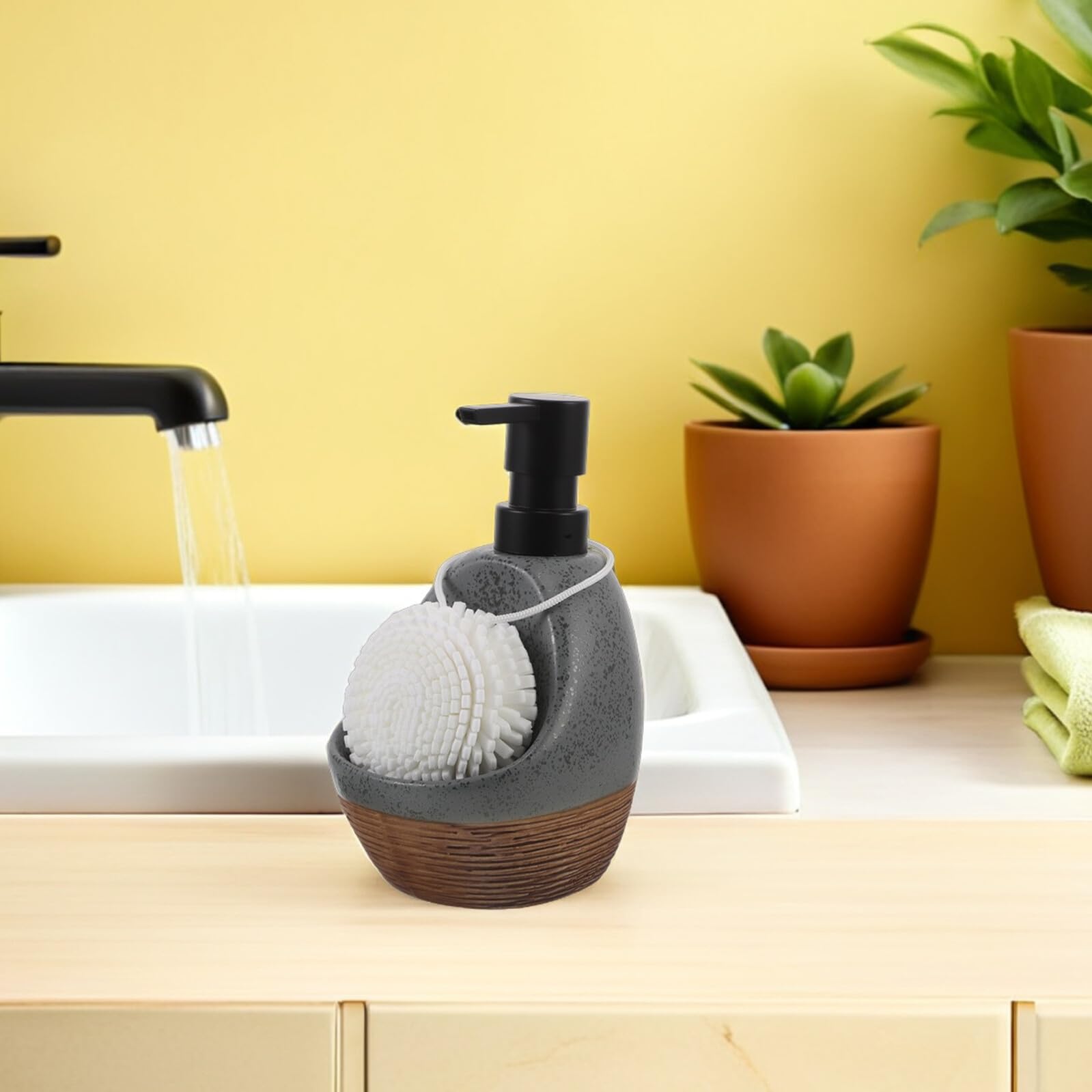 Dispensador de Jabón Líquido de Cerámica Gris, Bomba Dosificadora Antigoteo Recargable, Botella para Baño y Cocina con Organizador de Encimera para Gel Ducha y Champú