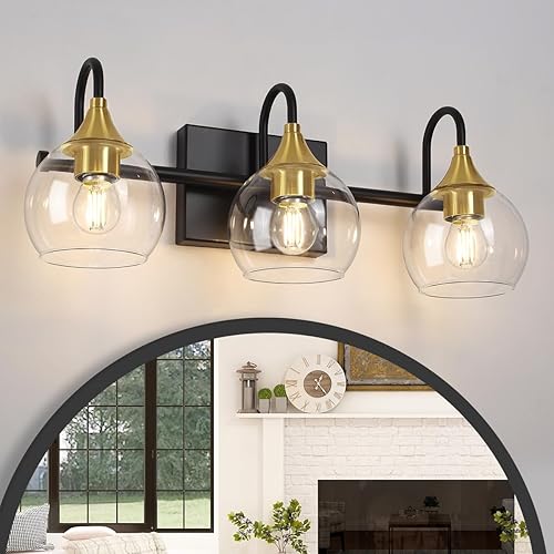 Lámparas de baño de oro negro, 3 luces de tocador de baño sobre el espejo, lámpara de tocador moderna de mediados de siglo, globo dorado cepillado,