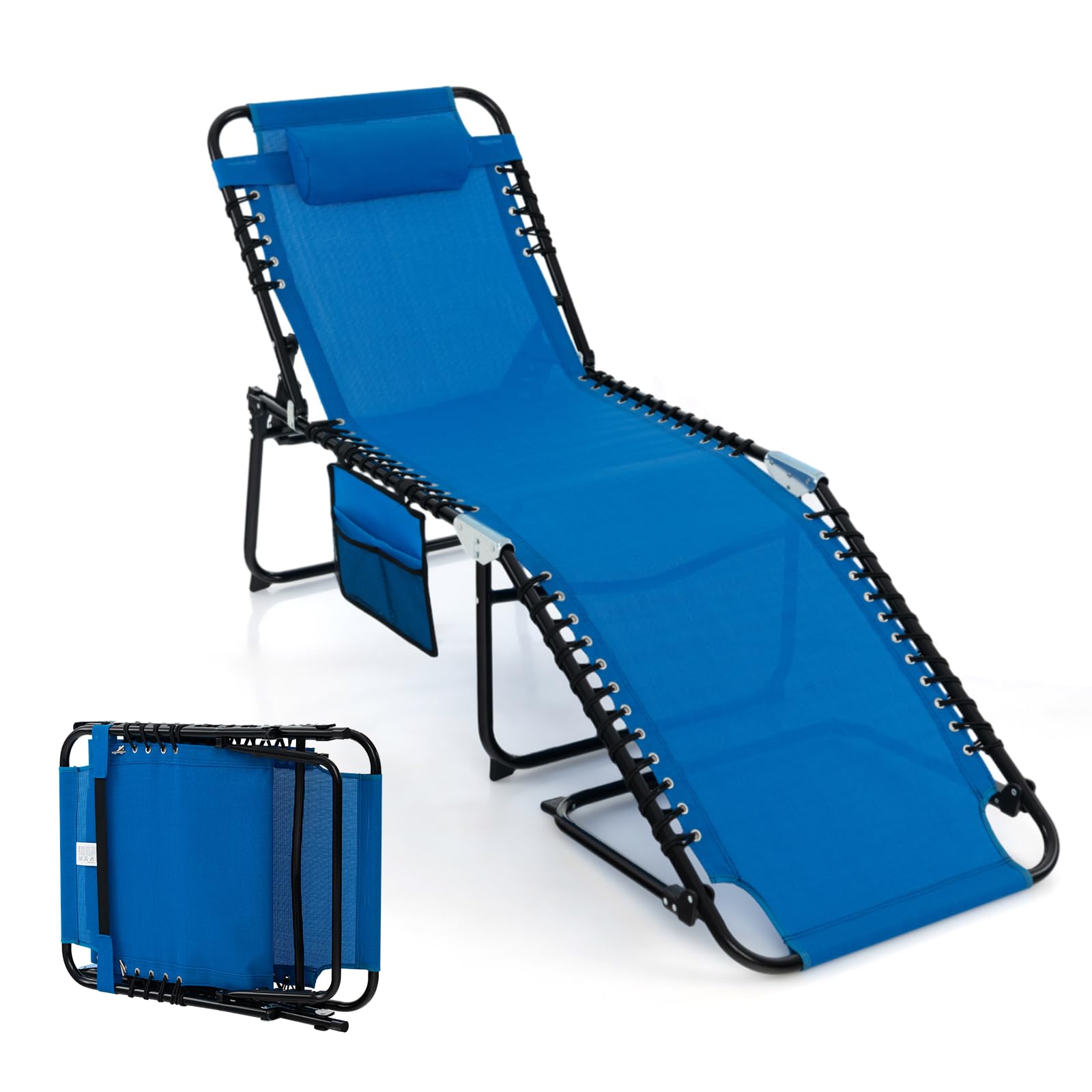 Multigot Folding Sun Lounger, 4-Level Adjustable Patio Chaise Lounger with Removable Headrest and Side Pocket, Outdoor Leisure Sun Bed Portable Deck Chair for Poolside Backyard (Blue, 168x59x86cm)