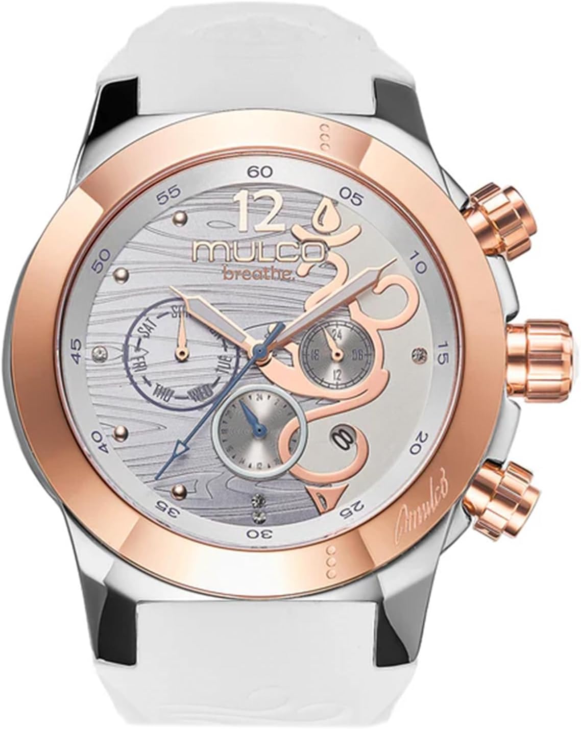 MULCO Watches for Women - Breathe, Stainless Steel Case with Wrist Silicone Band, Quartz Multifunctional Movement, Large Face Analog Display with Mother of Pearl and Rose Gold, Waterproof