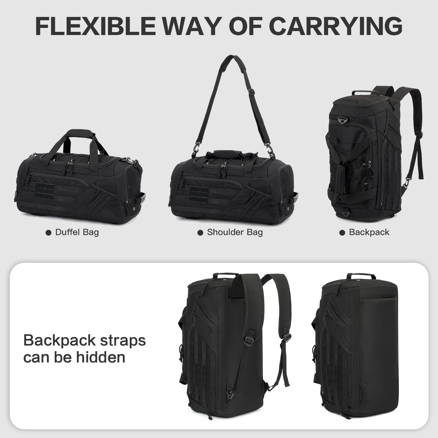 Bolsa Deporte Hombre 45L Mochila Gimnasio Táctica Militar Bolsa de Viaje con Compartimento para Zapatos + Separada Seco y Humedo para Natacion, Fitness, Fin De Semana, Negro
