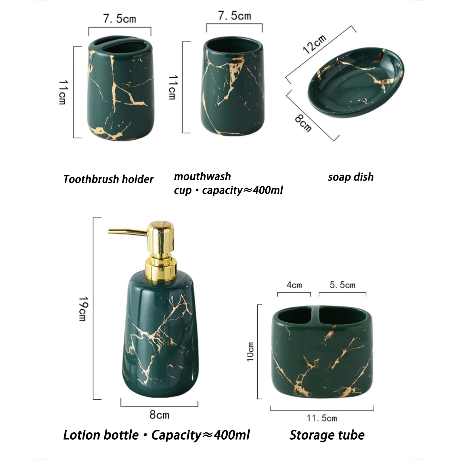 Flacon Distributeur Rechargeable pour Lotion et Savon pour Les Mains, Ensemble de gobelet en céramique avec Plateau et diffuseur d'huiles essentielles (Vert)