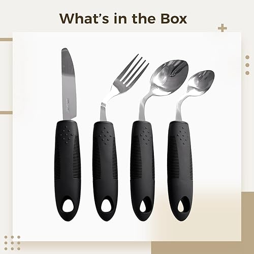 Miniatura 5 de Juego de utensilios de temblor de mano, 4 piezas de acero inoxidable con peso para comer, kit adaptativo de Parkinson, mango antideslizante para