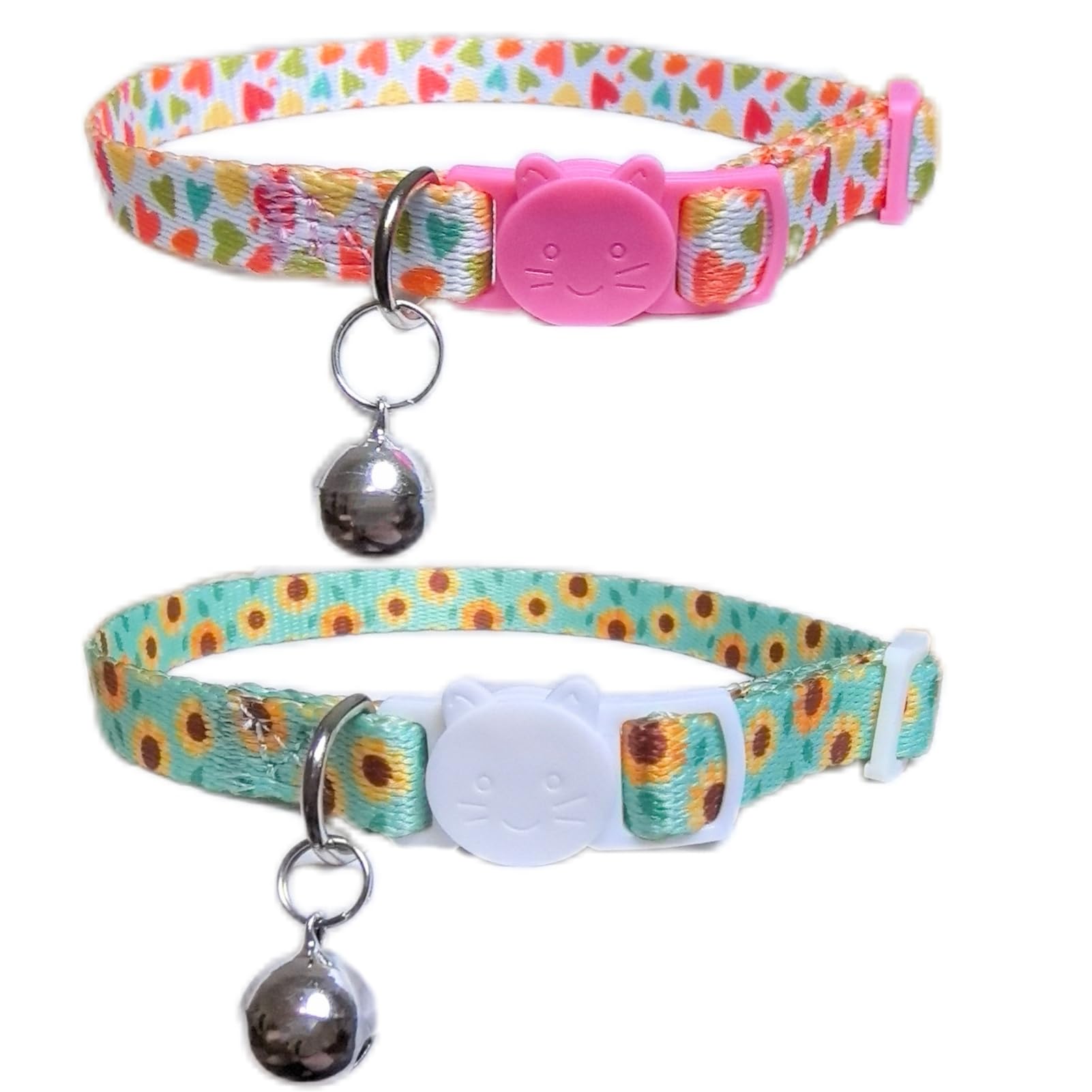 Paquete De 2 Collares Gato Con Hebilla Seguridad Campana, Estilo Girasol Y Corazón, Ajustables Para Gatitos Lindos Cómodos , Gatitos, Cachorros, Mascotas Pequeñas, Niñas Niños