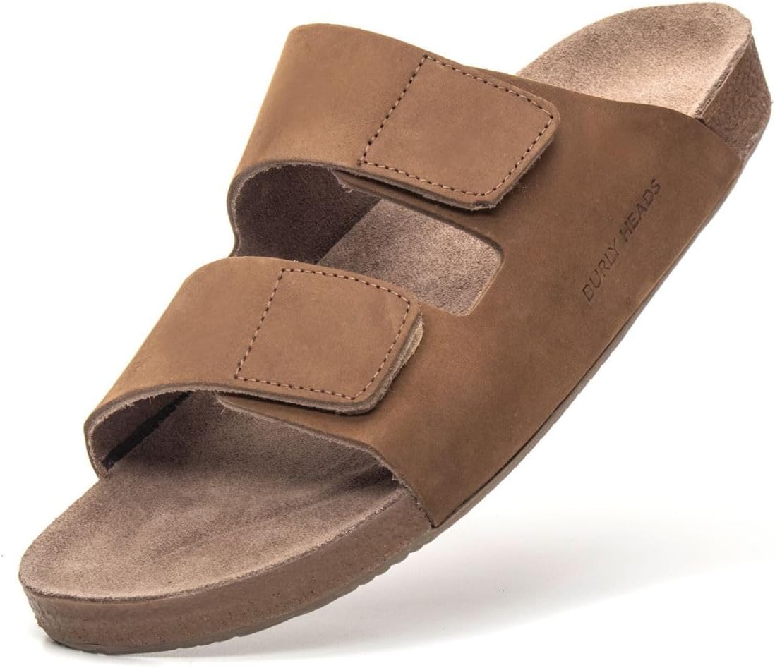Sandália Conforto Casual de Couro Masculino Burly Heads Nobuck Taupe Novo