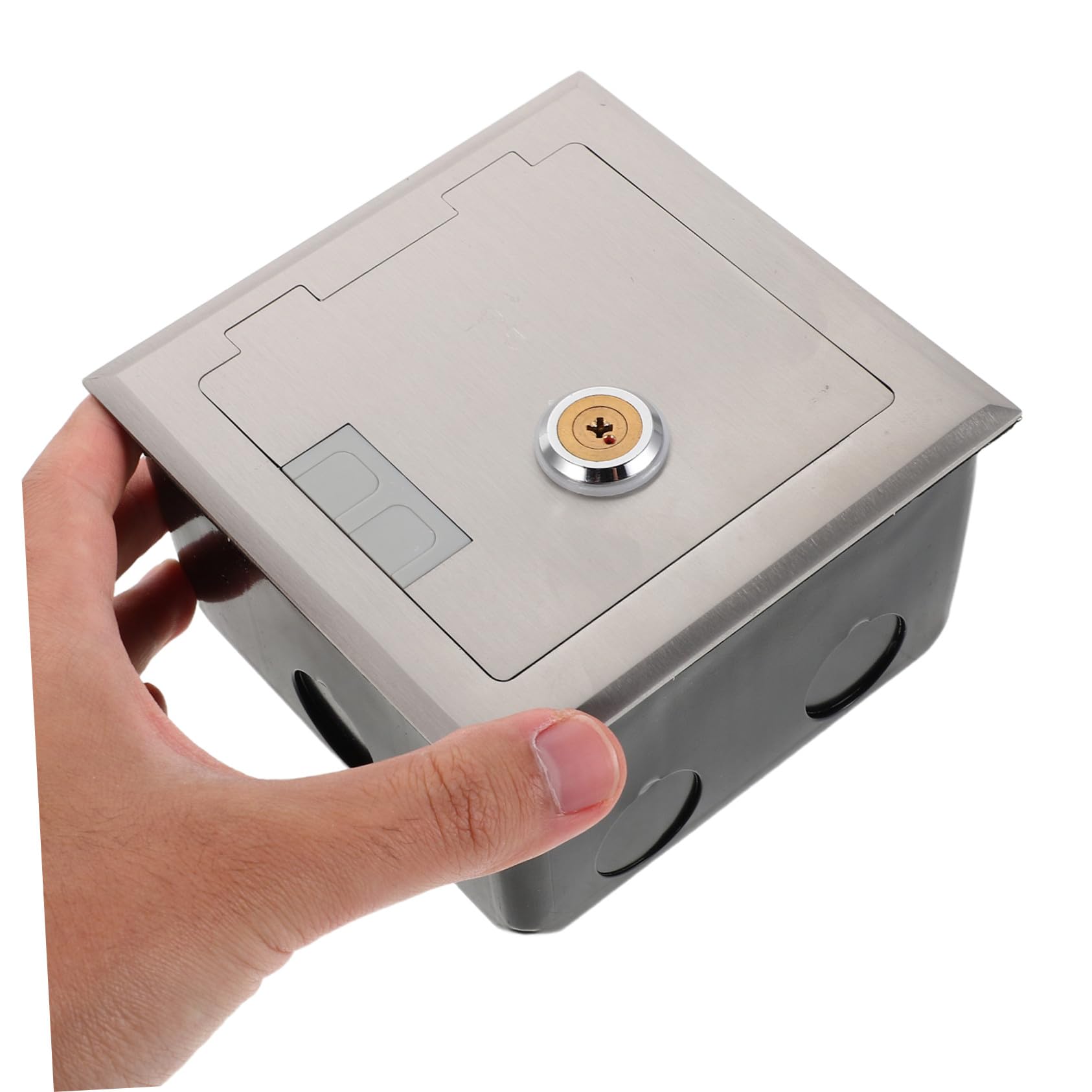 Scatola Stagna per Prese in Acciaio Inox da Pavimento | Design Ultrapiatto a Incasso, Coperchio con Serratura e Uscita Cavo Rimovibile, Finitura Argento