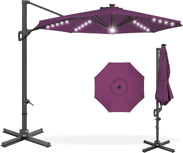 Best Choice Products 10ft Solar LED Cantilever Patio Umbrella, 360-Degree Rotation Hanging Offset Market Outdoor Sun Sha