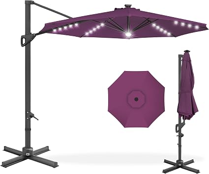 Best Choice Products 10ft Solar LED Cantilever Patio Umbrella, 360-Degree Rotation Hanging Offset Market Outdoor Sun Shade for Backyard, Deck, Poolside w/Lights, Easy Tilt, Cross Base - Tan