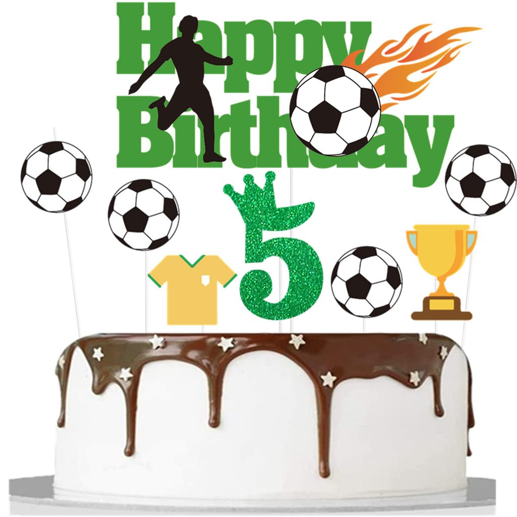Kit Décoration Anniversaire Thème Football Pour Enfant 5 Ans - Ballons Aluminium Chiffre 5, Ballons Football, Bougie, Guirlandes - Vert