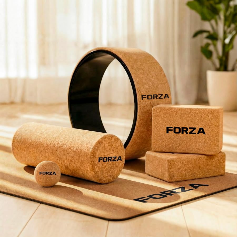 FORZA Yoga Complete Cork Bundle - Natural Cork Yoga Mat Wheel Foam Roller Massage Ball & Blocks - Eco-Friendly Yoga, Pilates & Recovery Set for Stability, Mobility & Home Workouts