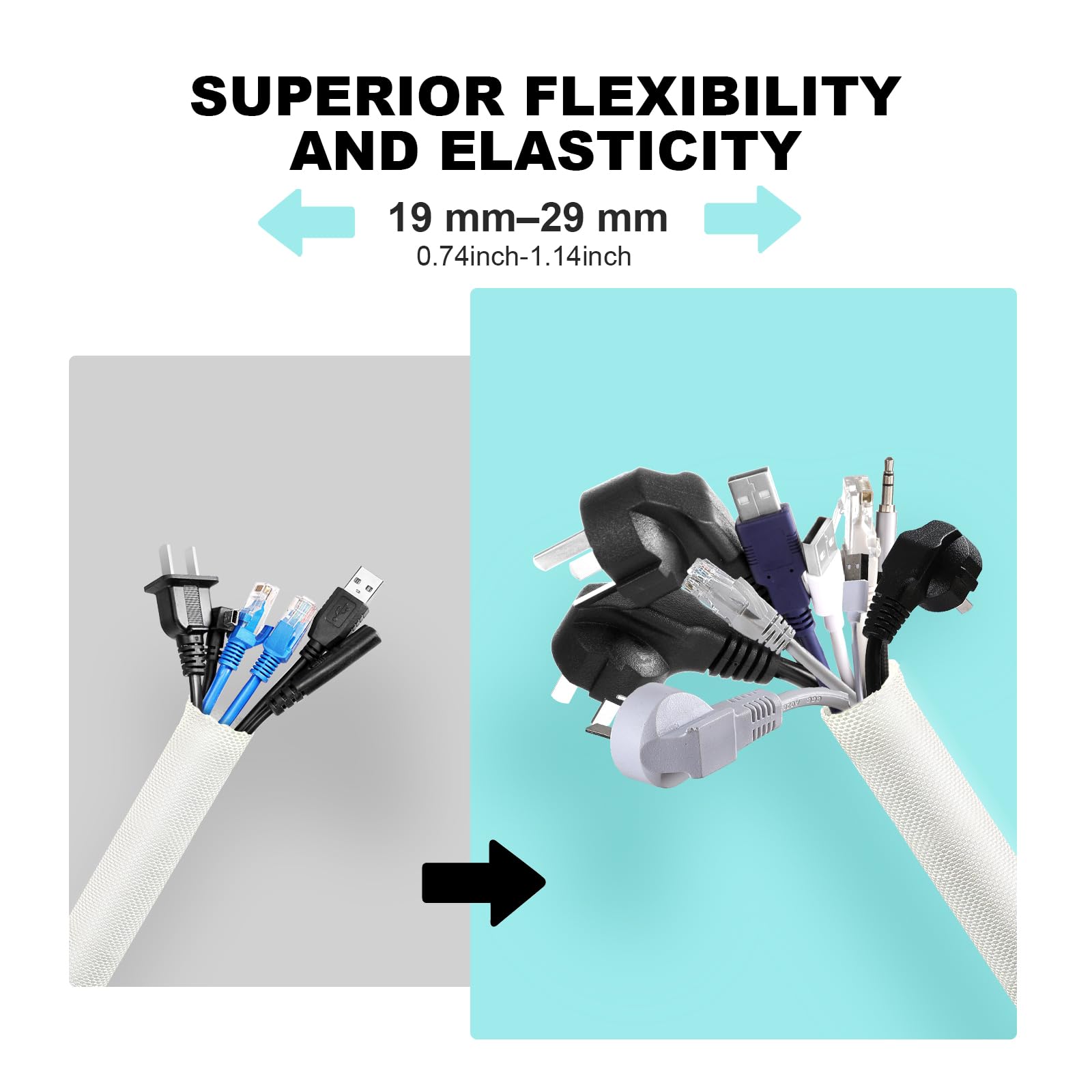 AGPTEK 3 m Cable Sleeve, 19 mm Self-Closing Cable Duct, Flexible Textiles Cable Sheath, Cable Management for Desk TV - Image 2