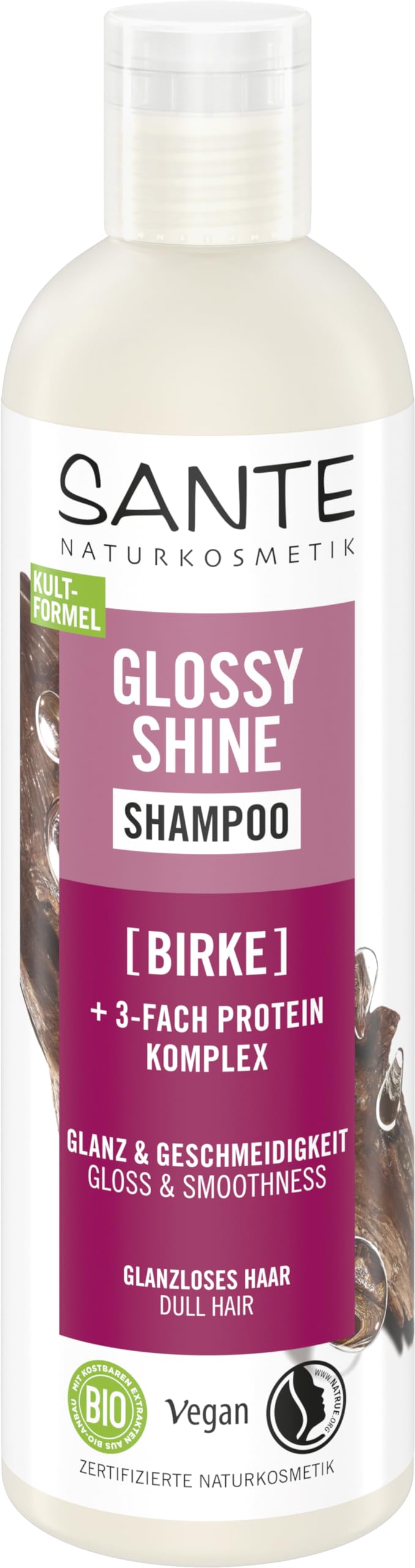 SANTE Naturkosmetik Glossy Shine Shampoo Bio-Birkenblattextrakt + 3-Fach Protein Komplex, vegane und feuchtigkeitsspendende Haarpflege für mehr Glanz und Geschmeidigkeit, mit zartem Kokosduft, 250ml