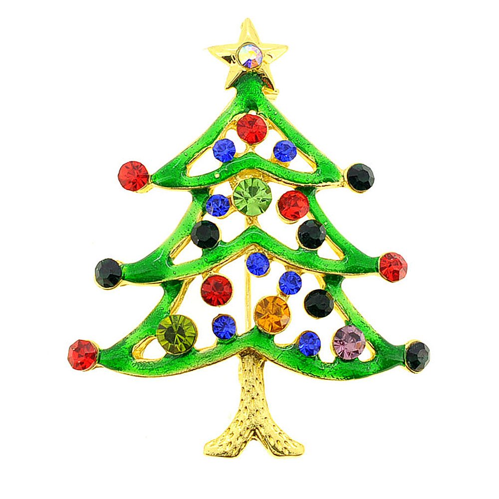 Fantasyard Golden Green Enamel Crystal Christmas Tree Brooch Pin