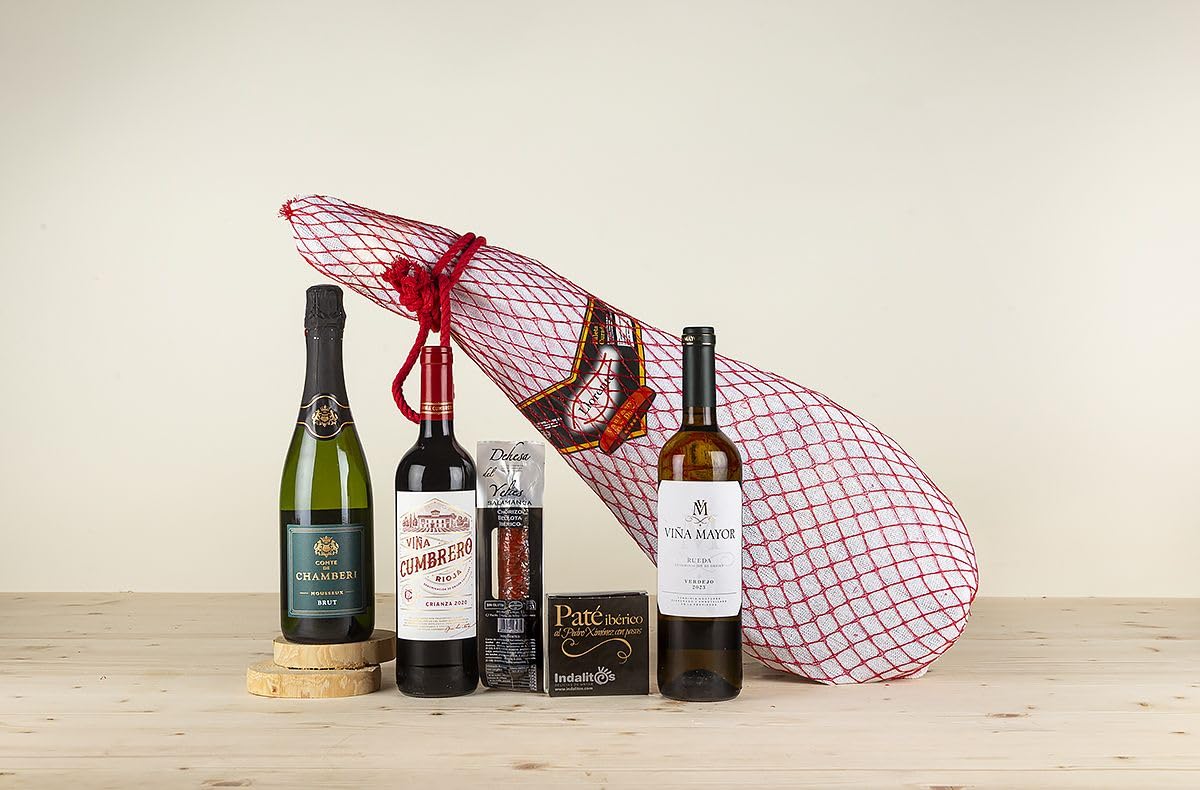 EUROLOTES Cesta Gourmet con Paleta Duroc, Espumoso Brut, Vino Tinto Rioja Crianza, Vino Blanco Verdejo, Chorizo Ibérico, Paté Pedro Ximénez