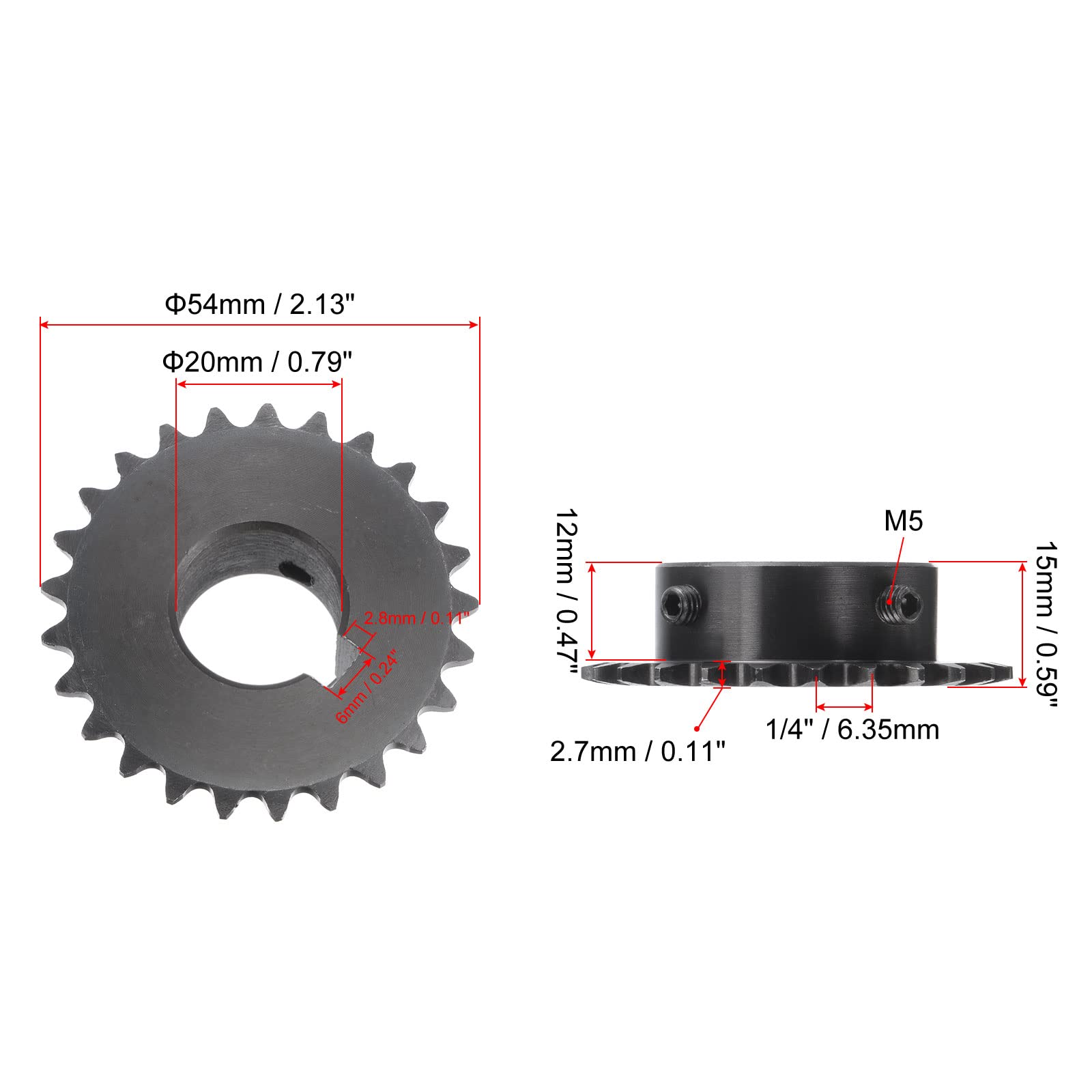 sourcing map 25 Dents Pignon Type B Unique Brin 1/4" Pas, 20mm Alésage Noir Oxyde C45 Carbone Acier, Rainure avec 2 Ensemble Vis pour ISO 04C