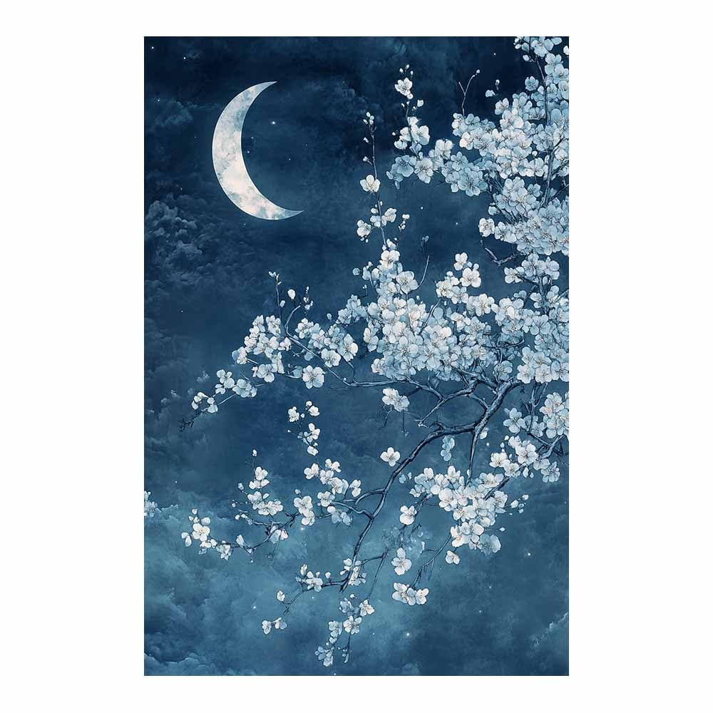 HOQIU Dekoracja ścienna kwiaty nocne niebo białe księżycowe kwiaty. płótno ścienne dekoracja, plakat, salon sypialnia dekoracje do domu (niebieski)-80x120cm Nieoprawione
