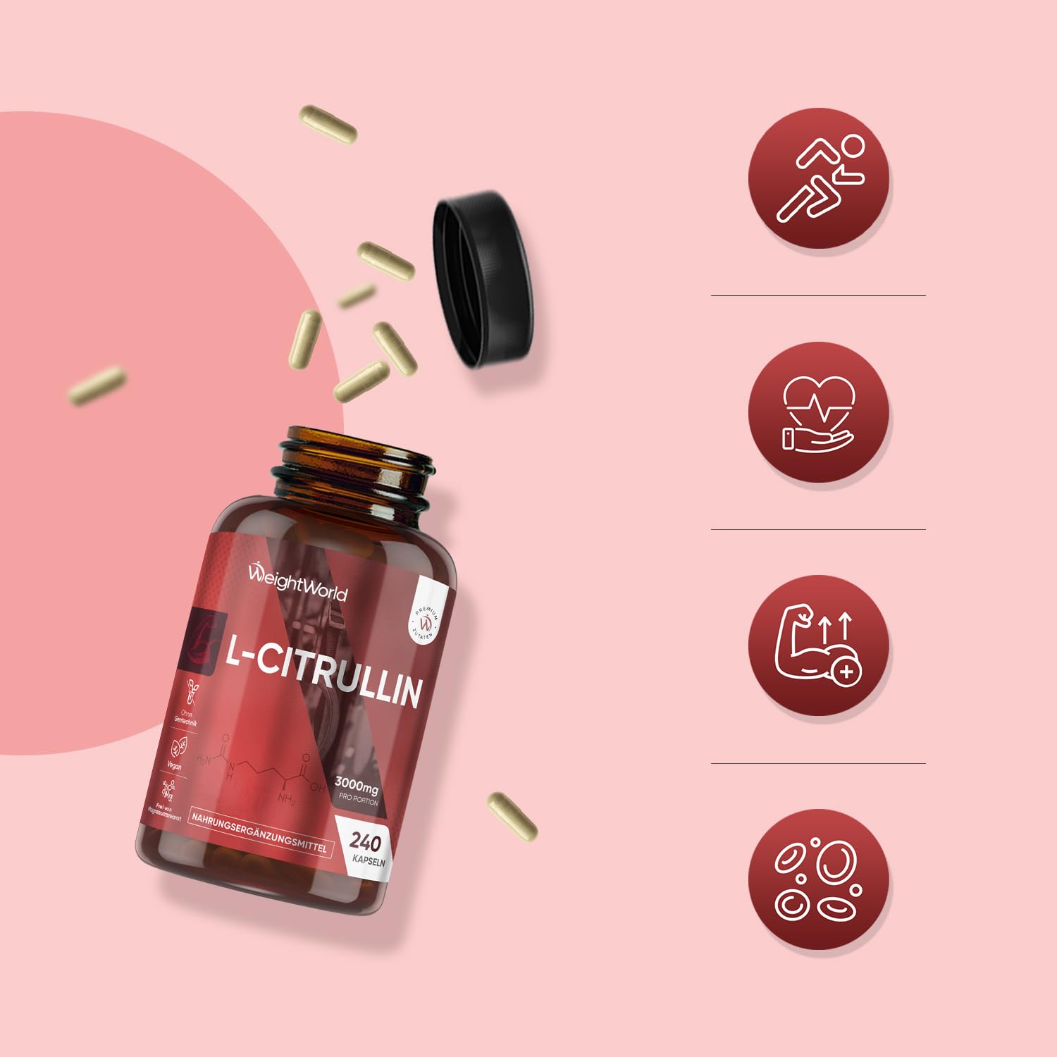 L-Citrullin 3000mg pro Portion - 240 vegane Citrulline Kapseln - 4 Kapseln täglich - Frei von Magnesiumstearat & Gentechnik - WeightWorld