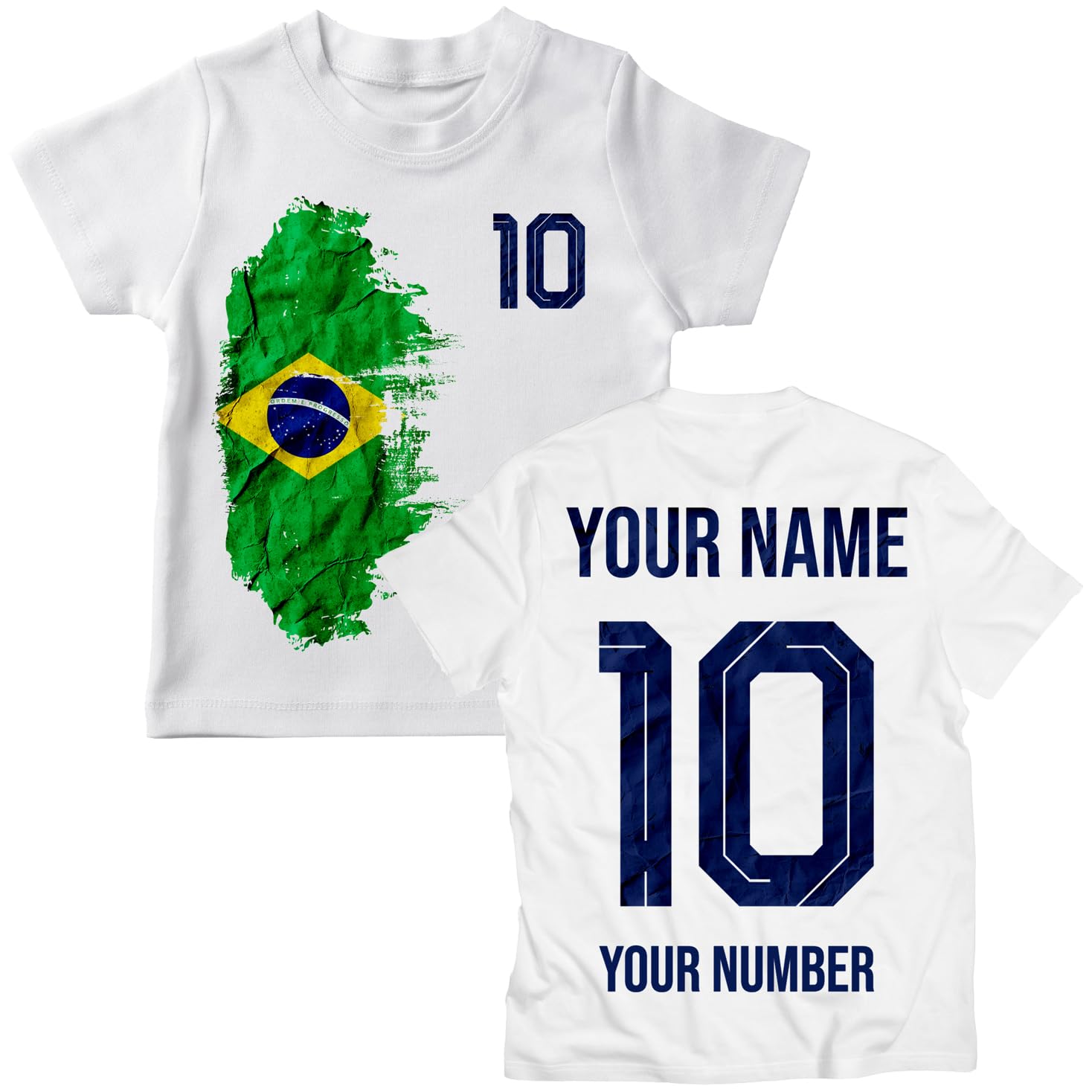 lepni.me Brazil 2026 Personalised Kids' Football Fan Graphic Cotton T-Shirt, Custom Name and Number, Short Sleeve Supporters Top (9-11 Years White Multi Color)