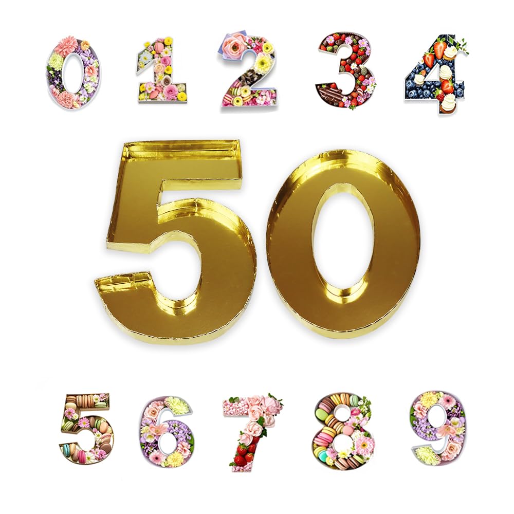 14" Cardboard Number Charcuterie Tray Birthday Anniversares Parties Celebration Supplies Fillable Paper Mache Chocolate Candy Cupcakes (Gold, 50)