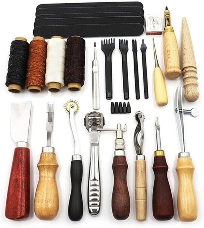 ASWRTYJO DIY Leather Craft Tools Kit Hand Stitch Stitching Punching Carving Work Saddle Accessories