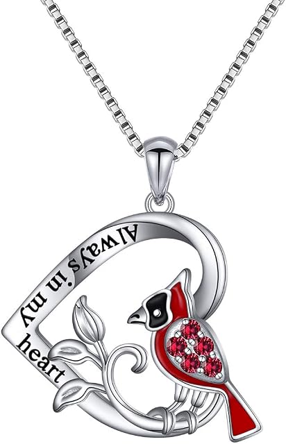 DAOCHONG 925 Sterling Silver Red Bird Cardinal Heart Pendant Necklace for Women Always in My Heart Memorial Keepsake Sympathy Jewellery Gift