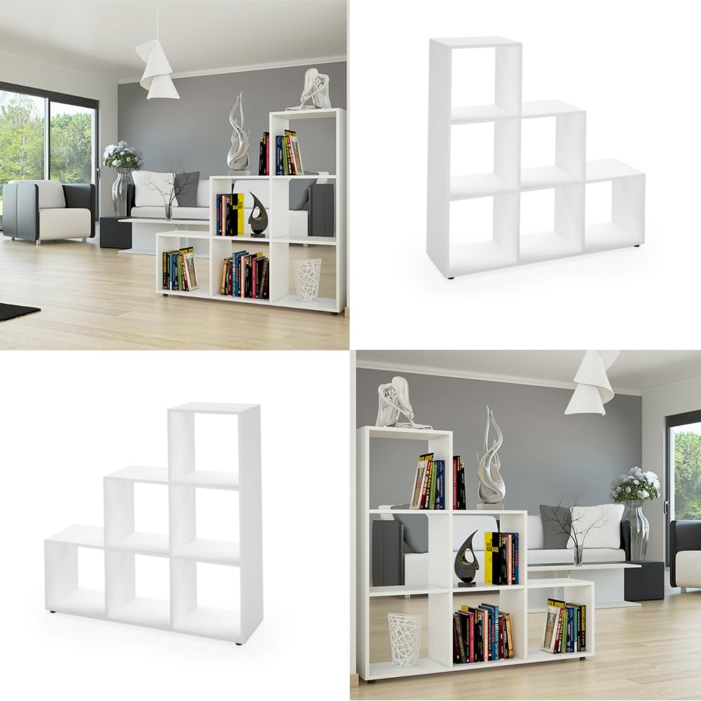 Vicco Scaffale a scale, Bianco, 107.2 x 107.8 cm, utilizzabile come divisorio con 6 vani aperti