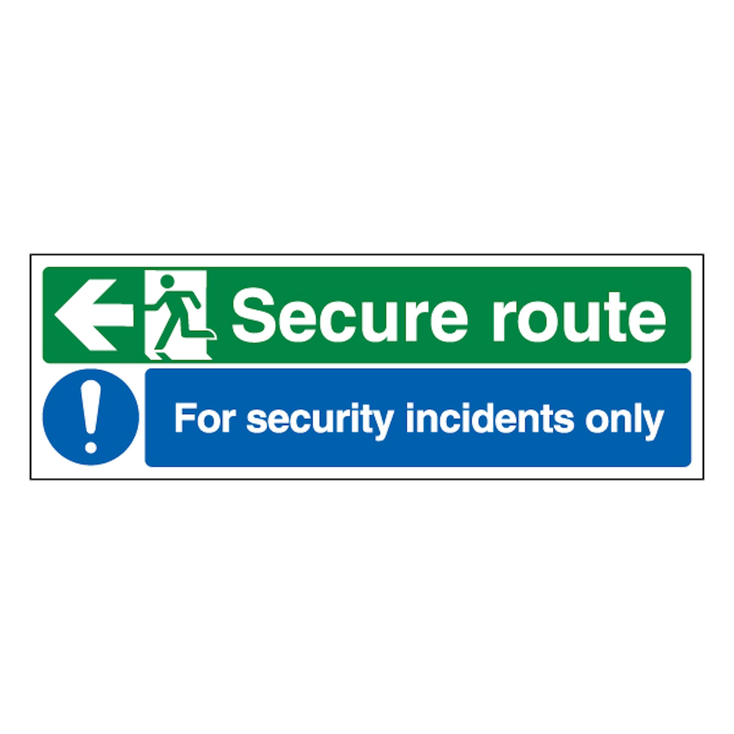 V Safety Secure Route Arrow Left/Security Incidents Only 450 x 150 mm - Glow In The Dark 1mm Rigid Plastic Safety Sign