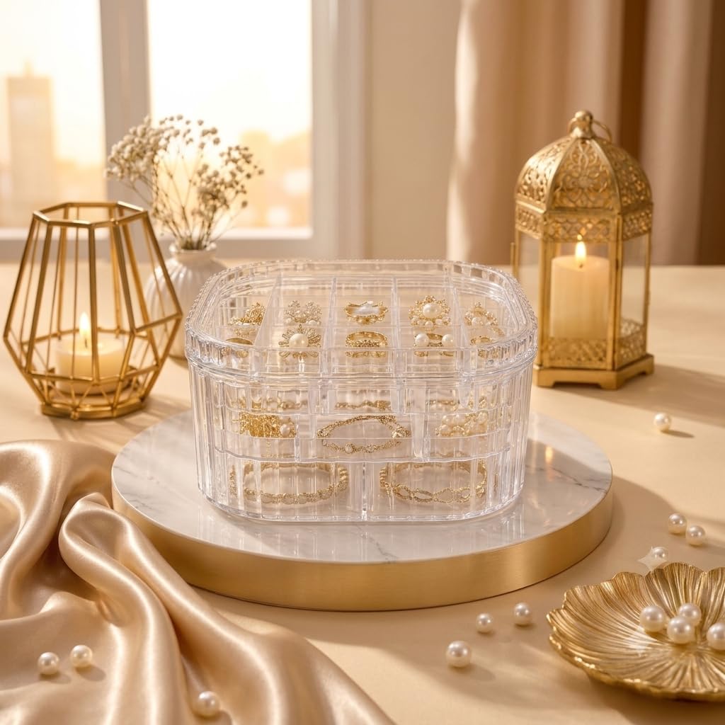 Clear Acrylic Jewellery Organiser Box with Lid, 3-Layer, For Rings, Earrings, Bracelet & Watches-image-44