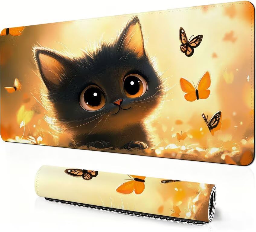 Tapis de Souris XXL Chat et Papillon 120x60 cm Grand Tapis de Bureau Gaming