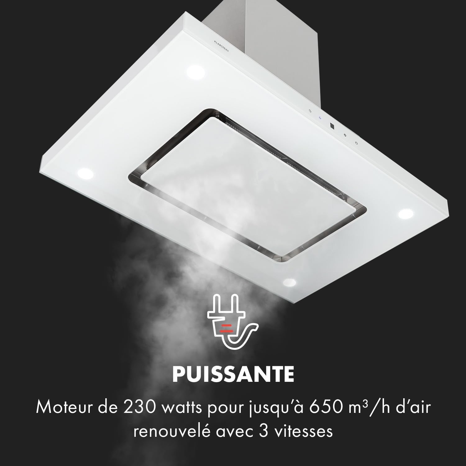 Klarstein Valeria Hotte Îlot - 230W, débit max. 642 m³/h, 3 niveaux de puissance, éclairage LED, panneau tactile, verre, inox, éco-énergétique, PureAmbience Concept, blanc