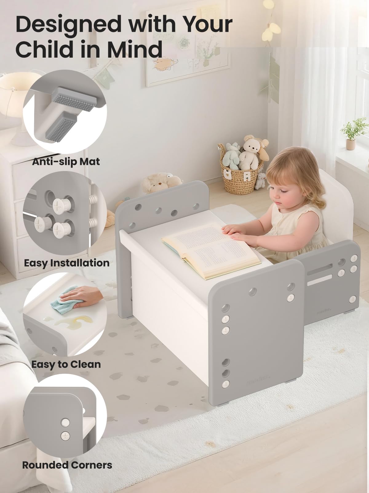 Tavolo per Bambini con Sedia, Set Tavolo e Sedia per Bambini Regolabile in Altezza, Scrivania Trasformabile, Multifunzione per Leggere, Scrivere, Disegnare e Mangiare, Grigio