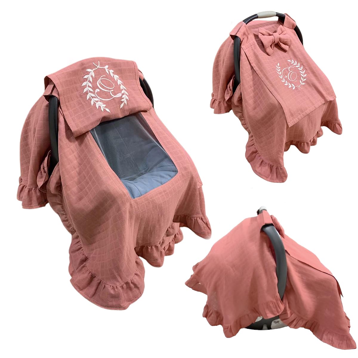 Custom Safety Seat Covers for Newborn Baby Car, Personalized Baby Car Seats Canopy Infant Car Seat Cover Muslin Gauze Ruffle and Peekaboo Mesh Window