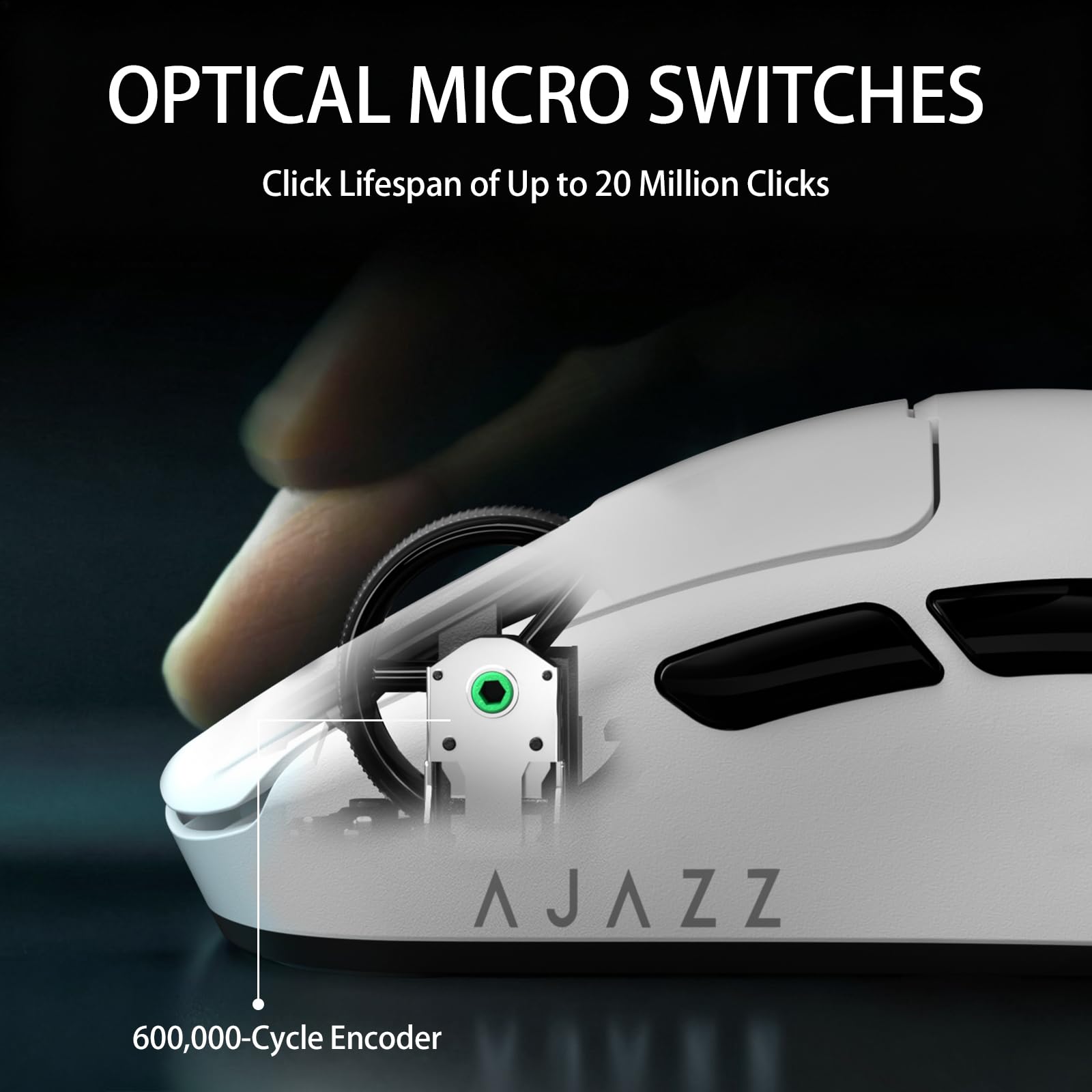 A.JAZZ AJ159V2MC Bezprzewodowa Mysz Gamingowa, Tryb Potrójny BT/2.4G/Przewodowy USB-C, Sensor Optyczny PixArt 3311 24,000DPI, Ultralekka 54g, Z Wymienną Baterią–Do PC/Mac/Laptopa–Biała