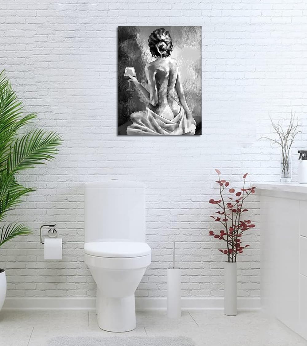 Yeesjoee Sexy Nude Abstract Women Body Wall Art, Black and White Canvas Printing, Elegant Female Back with Wine Glass Posters, Wall Decor for Bedroom Bar Apartment, 12x16 in Framed