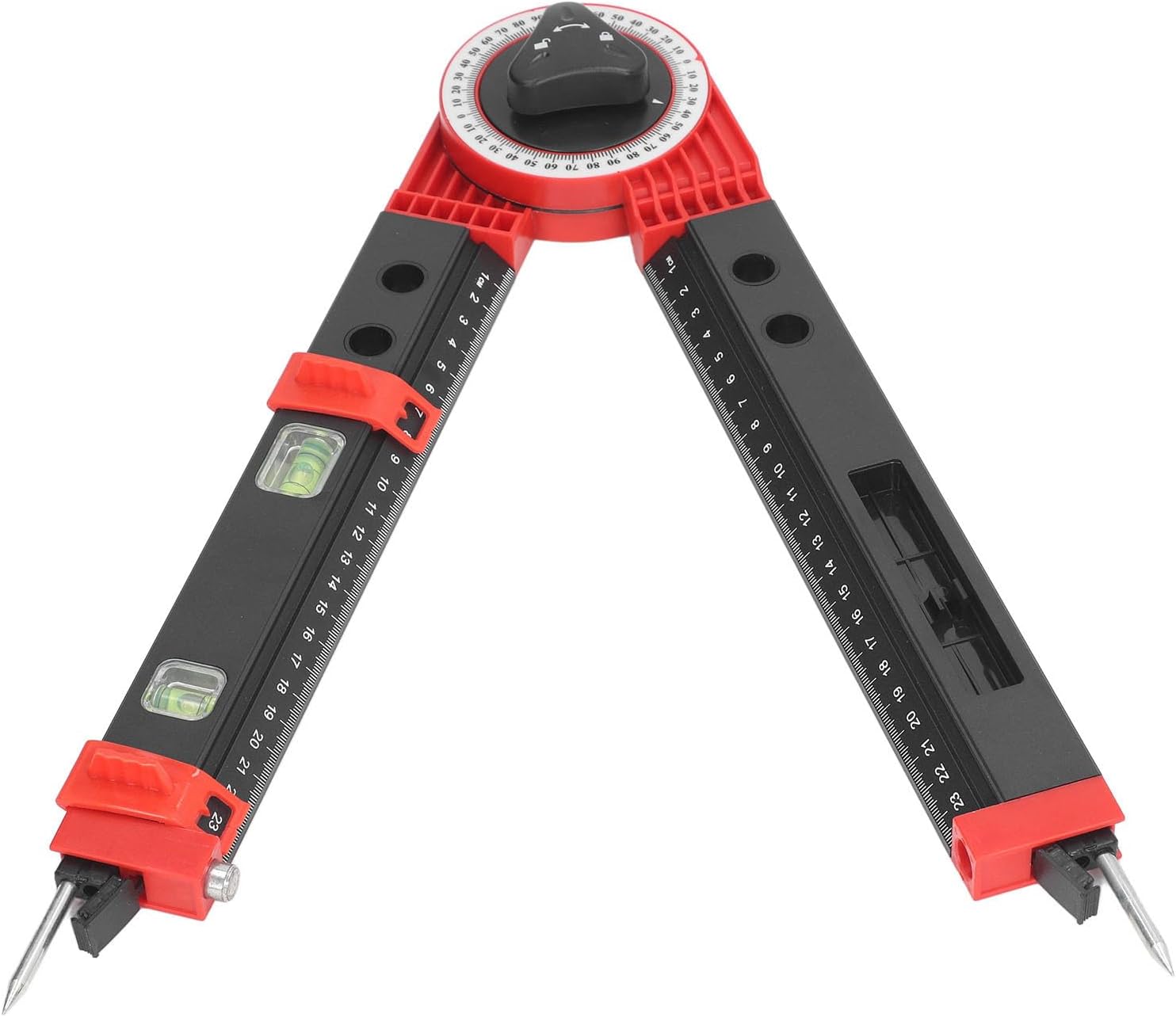 Adjustable Protractor, Engraved Scale, Built in Bubble Level, ABS Construction, for Woodworking, Trimming, and Hemming Tasks (Black Red)