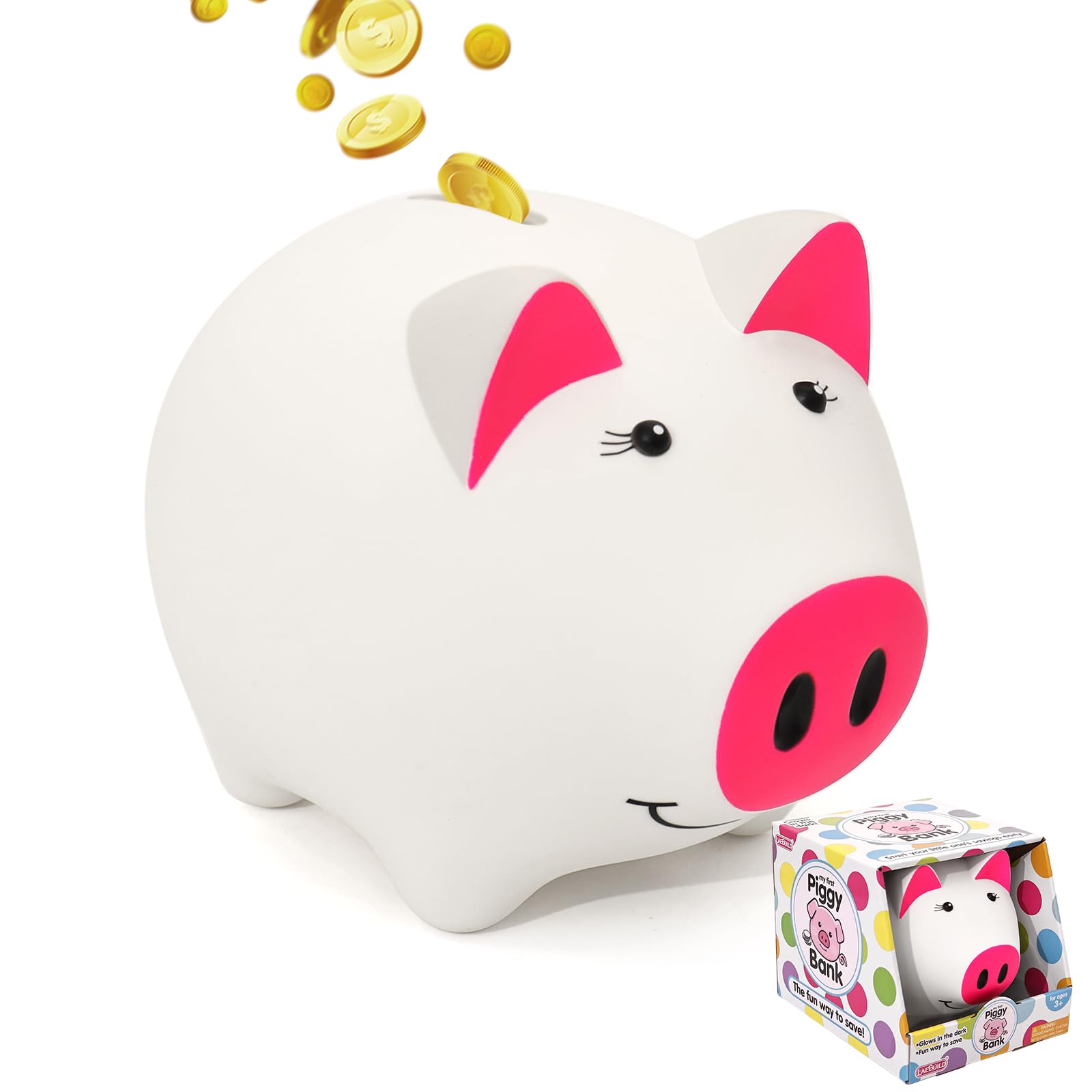 LAEBUILD Girl Piggy Bank for Kids, White Pig Shape Money Bank, Toddlers' Unbreakable Bank, Fluorescent Glow in Dark, Teaches Saving Habits