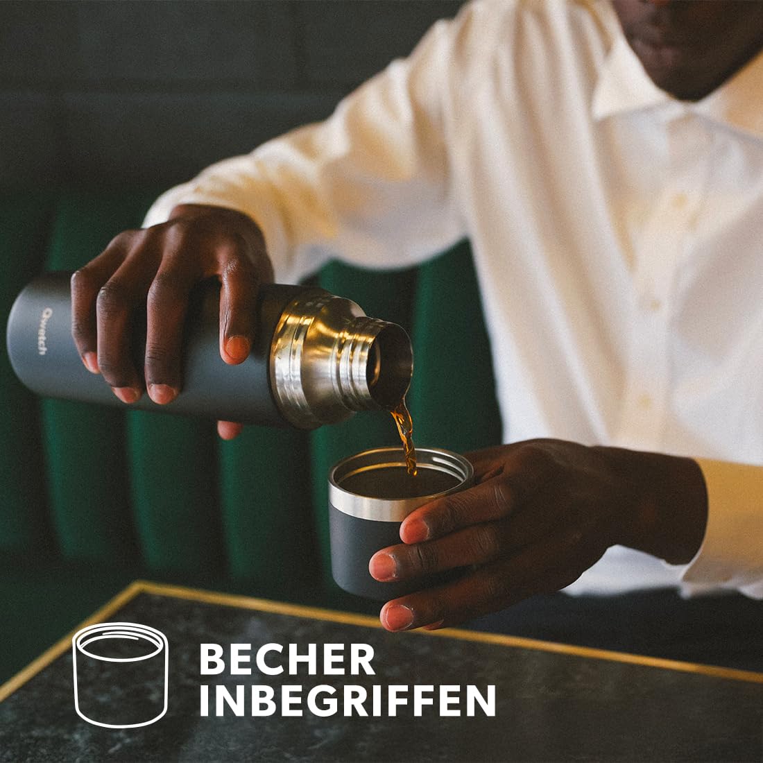 Qwetch - Thermoskanne Edelstahl 750ml Bahia - Isolierflasche & Thermosflasche mit recyceltem Edelstahlbecher - 24h kalt & 12h heiß - Auslaufsicher, BPA-frei & perfekt für Kaffee und Tee