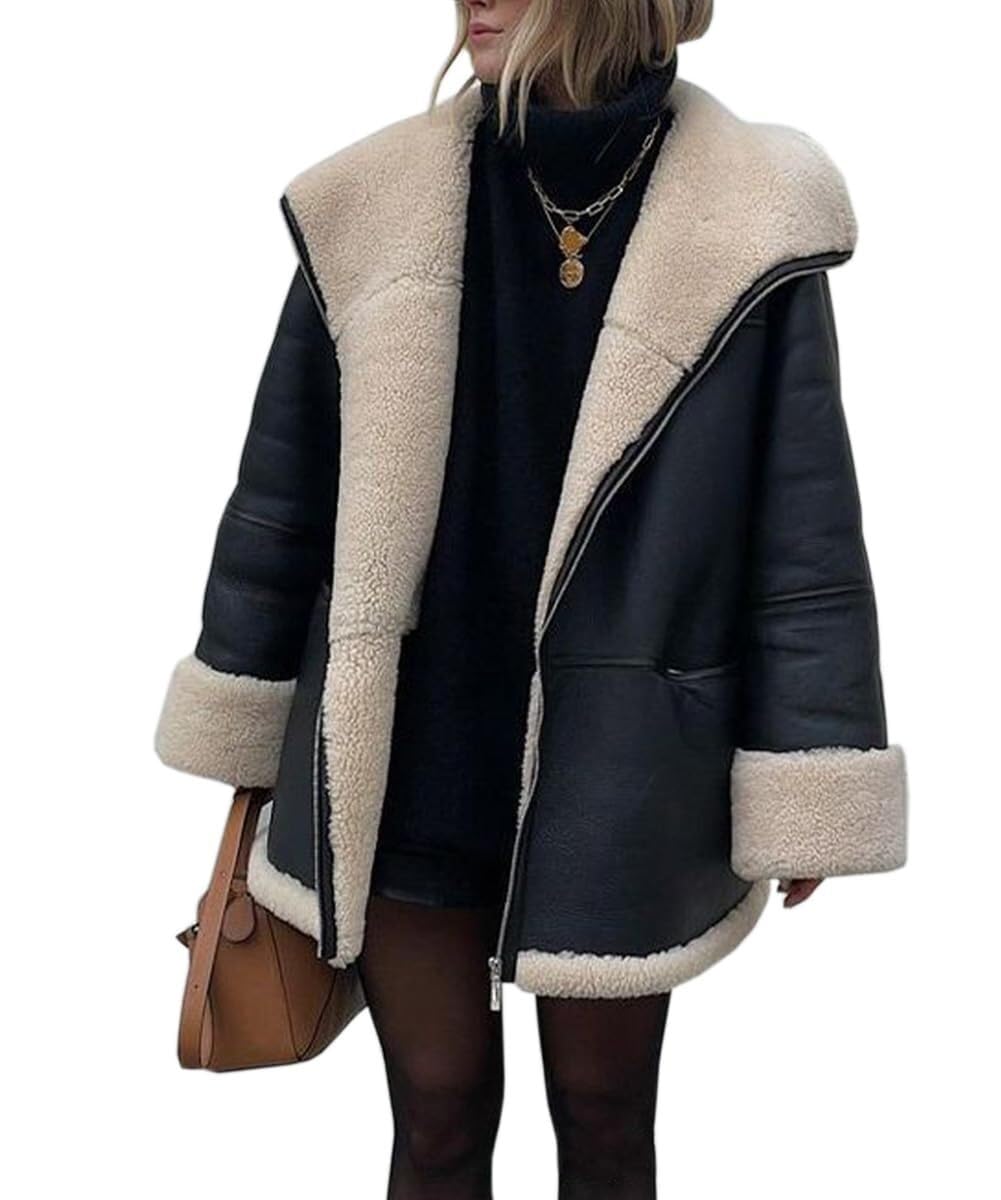 Barley Direct Women's Faux Shearing Moto Bomber Jacket Sherpa-Lined Coat Winter Aviator Leather Coat Outerwear(L)