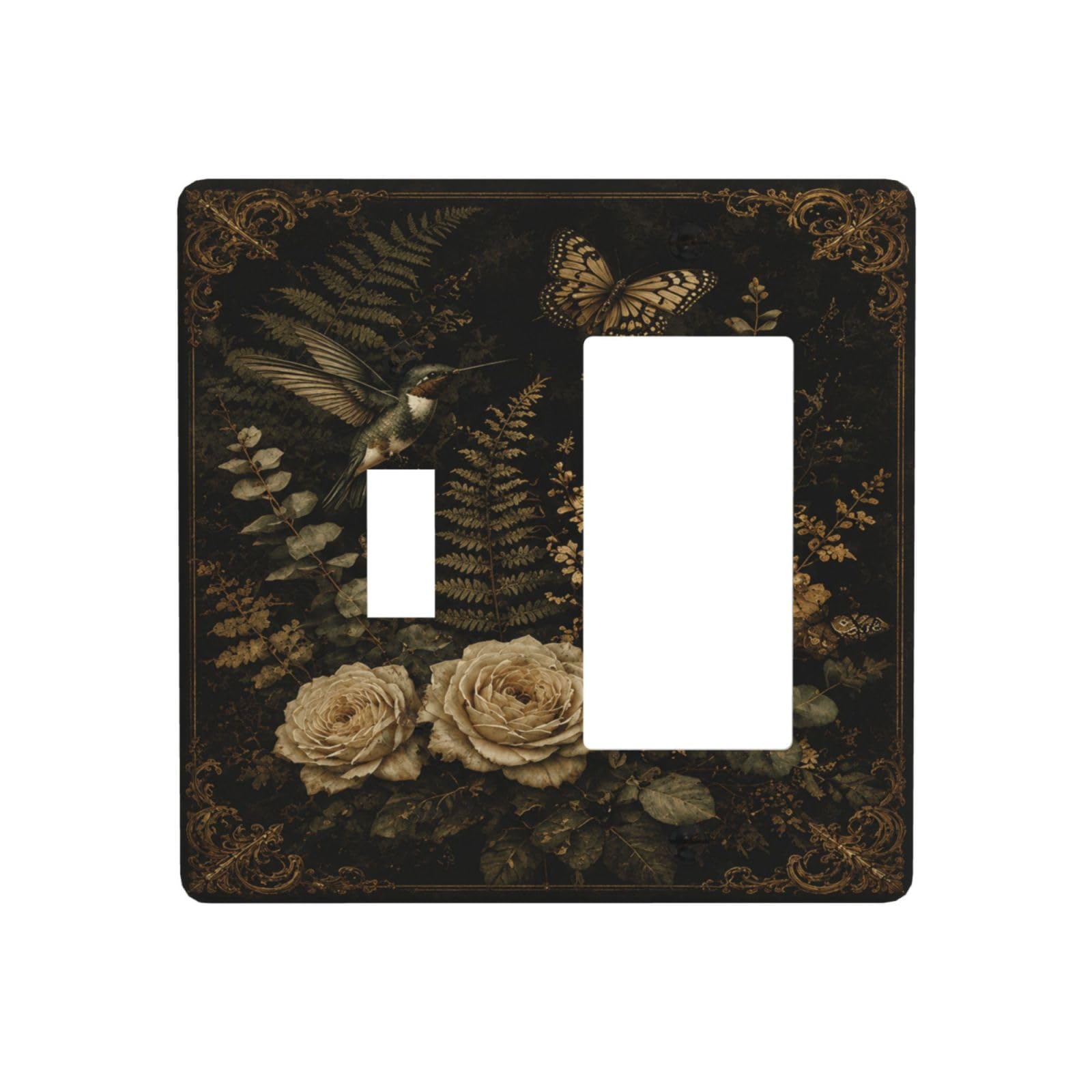 Xuejiaku Decorative Outlet Covers Vintage Botanical Hummingbird & Roses 2-Gang 1-Gang Wall Plate Single Toggle/Rocker Light Switch Covers Dark Academia Gothic Receptacle Switchplate for Home Decor