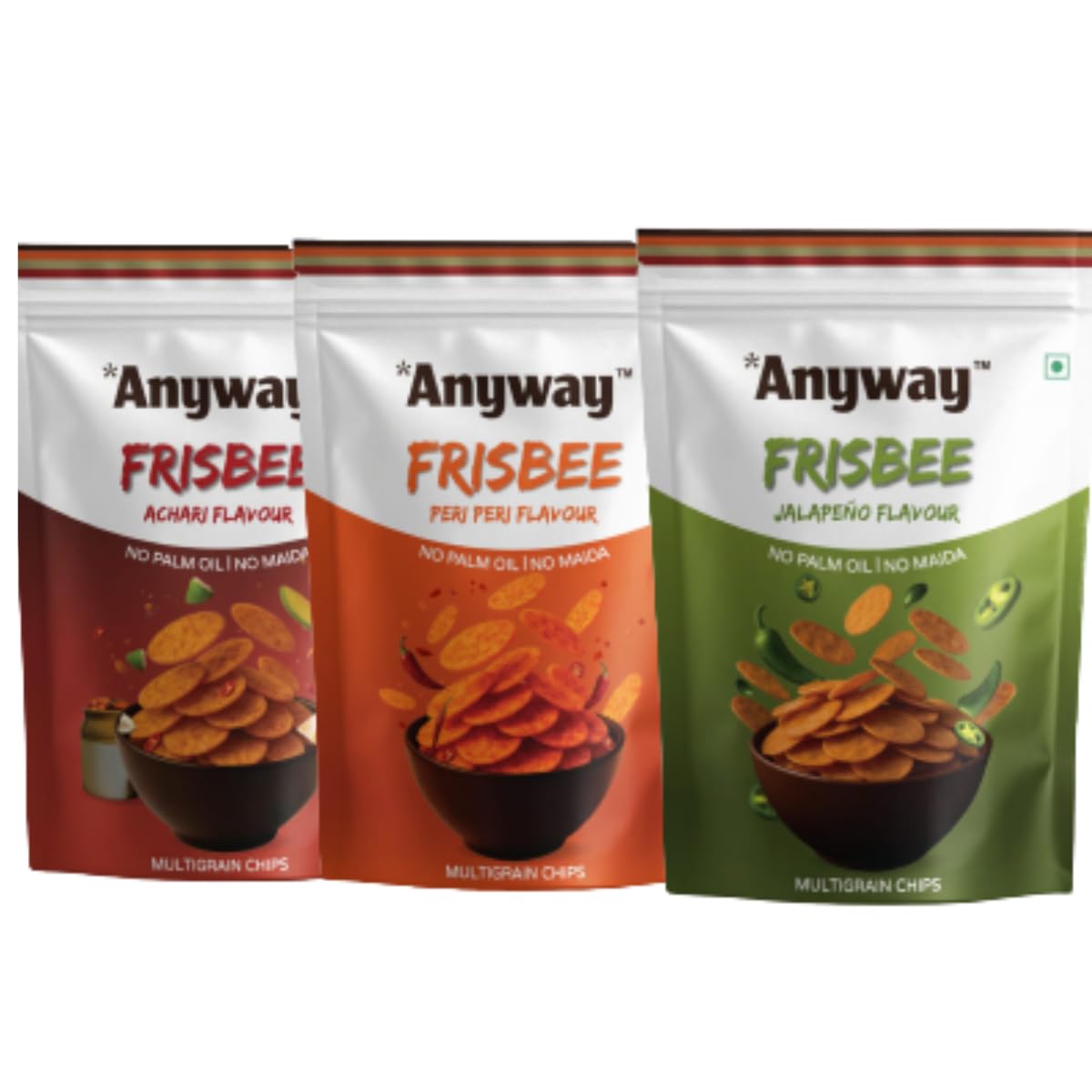 Frisbee Multi Grain Flavor Chips – Achari, Peri Peri & Jalapeno | Crunchy Spicy Snack Chips Variety Combo, Spicy Tangy Taste, Crunchy Ready-to-Eat Snack, Perfect for Parties, Travel & Tea Time 70g (pack of 3, peri peri , jalepeno , achari Flavour's)-image-1