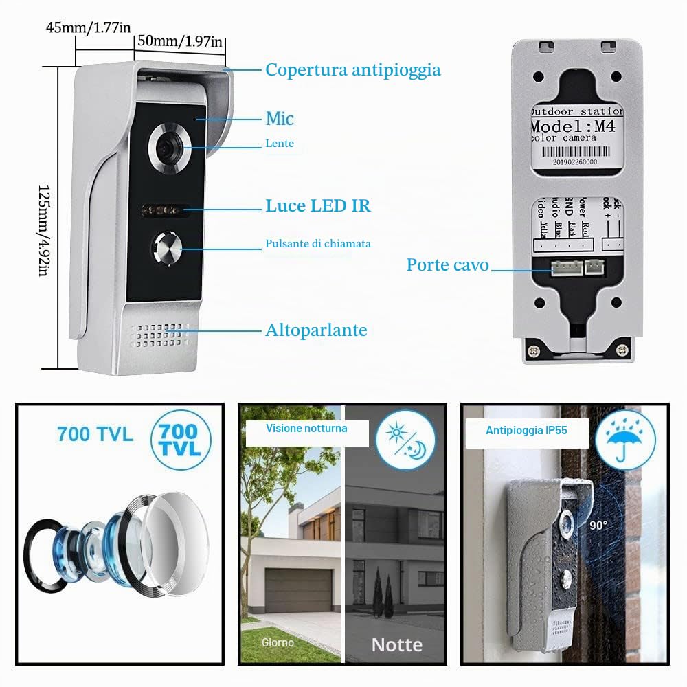 YiToo Videocitofono da 7 pollici Cablato Sistema di campanello per telefono del portello Un monitor per interni con una 700TVL fotocamera esterna, impermeabile a infrarossi visione notturna