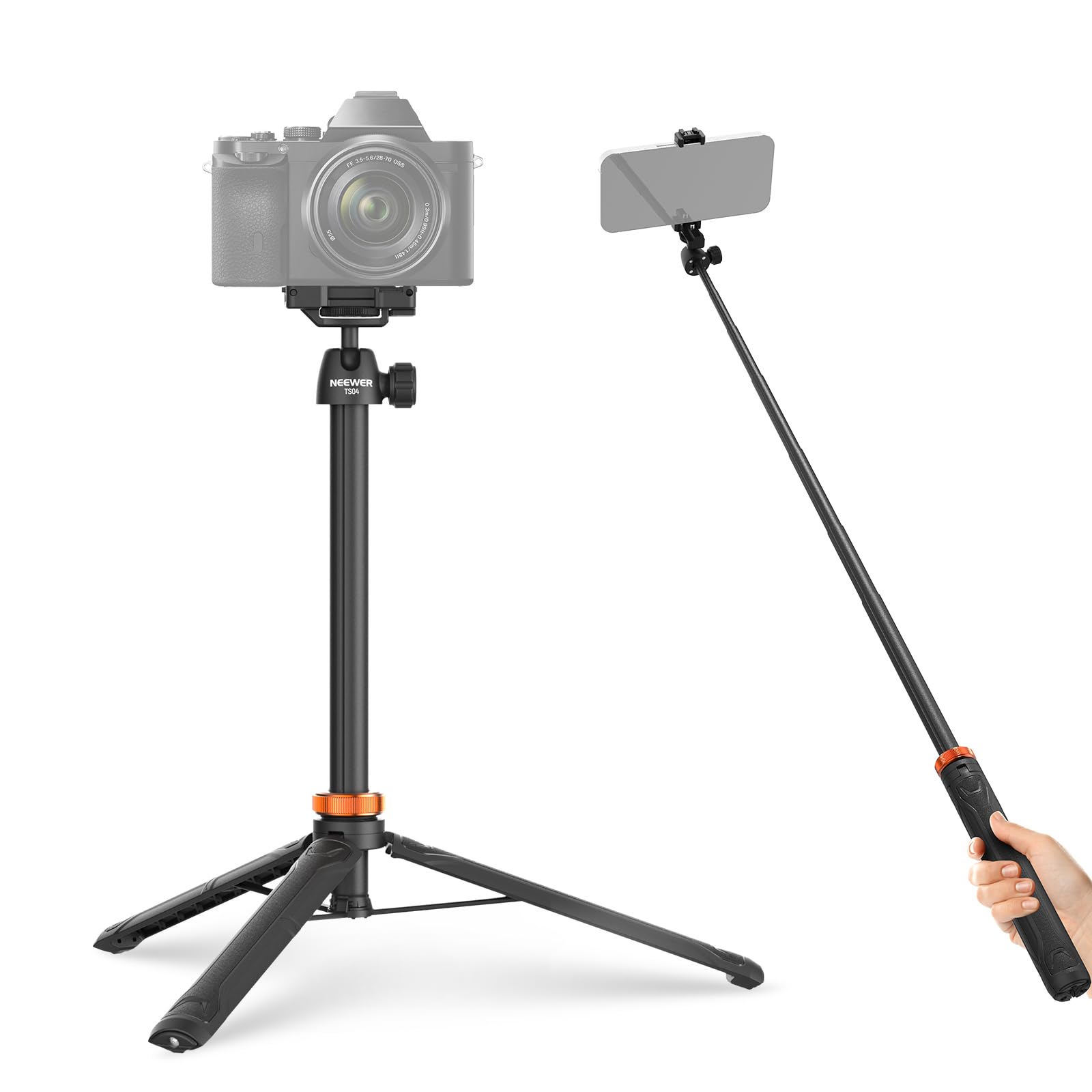 NEEWER 59" Trípode Palo Selfie Compatible con iPhone DLSR Canon Sony Camera, Soporte Escritorio Viaje Portátil Metal Pequeño con 360° Cabezal Bola Soporte Teléfono Celular para Grabación Video, TS04